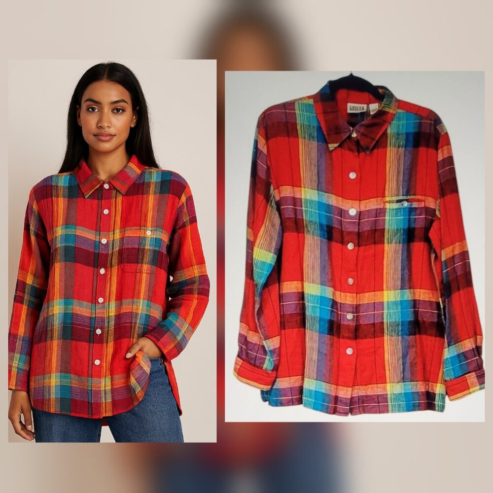 Chico's Linen Plaid Button Front Shirt Red Multicolor Size L Oversized New
